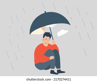 Man uses an umbrella with a sky and sun to protect herself from the rain and looks happy and relaxed. Inner world and mental health improvement concept. Vector illustration