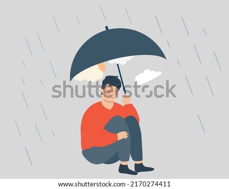 Man uses an umbrella with a sky and sun to protect herself from the rain and looks happy and relaxed. Inner world and mental health improvement concept. Vector illustration