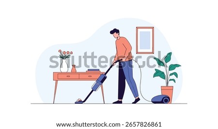 Man uses vacuum cleaner to clean floor in modern room with plants and furniture