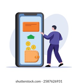 Man uses a wallet app on smartphone with coins and an arrow for mobile banking This is perfect for illustrating finance or technology.