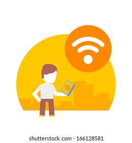 man uses wi fi on his smartphone