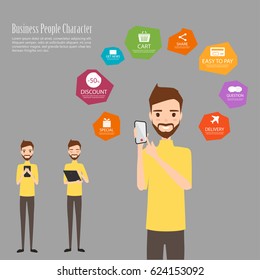 A man usine a mobile phone infographic.  