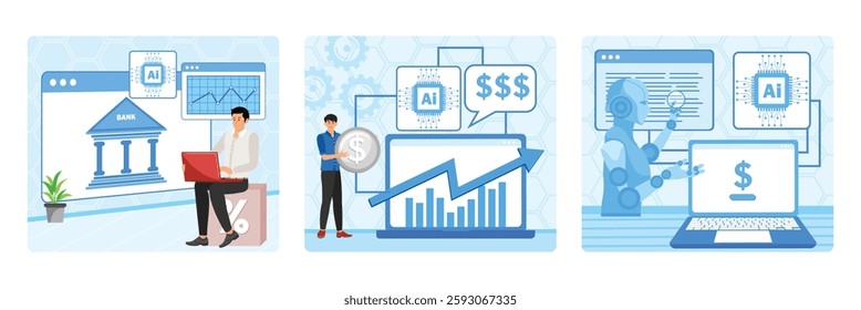 Man using AI technology for financial data analysis. Artificial intelligence supporting financial growth. Robotic figure interacting with tools representing AI-driven technology trends. 