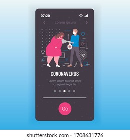 man using antibacterial spray to prevent spread of coronavirus covid-19 virus cells disinfection concept sickness woman having cough copy space portrait smartphone screen mobile app vector