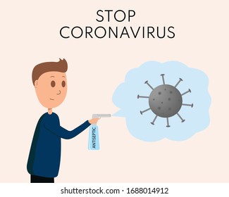Man using antiseptic as a gun to kill coronavirus. Vector.