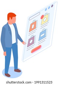Man is using app for buying and ordering. Male character is buying stuff online. Person makes purchases in online store with home delivery. Shopping application interface with package icons