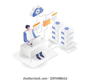 Man using app data from cloud server in isometric illustration