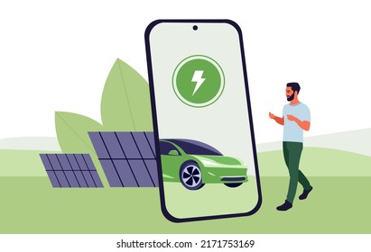 Mann, der eine App nutzt, die eine Ladeluftstation für Elektroautos sucht. Battery-EV-Fahrzeug angeschlossen und Strom aus erneuerbaren Stromerzeugungsanlagen Solarpaneel, Windturbine. Solarbatterie