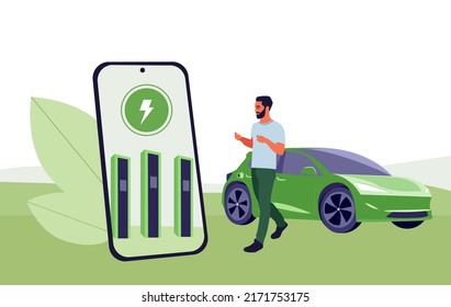 Man using app searching electric car charging station. Battery EV vehicle plugged and getting electricity from renewable power generations solar panel, wind turbine. Solar battery