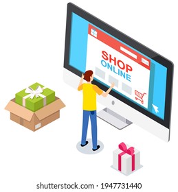 Man using application for buying and ordering goods via Internet. Monitor with sales website