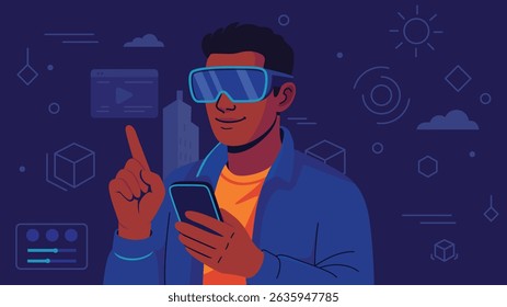 Man Using AR Glasses and Smartphone – Virtual Interaction Concept Illustration