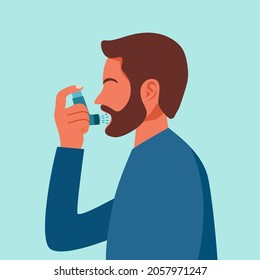 Man Using Asthma Inhaler Against Allergic Attack In Flat Design.