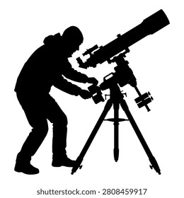 Man using astronomical equipment for stargazing and scientific discovery in outdoors setting.