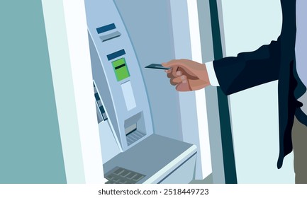 Homem usando cartão ATM em ATM máquina, ATM, máquina, dinheiro, levantamento, cartão de débito