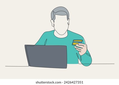 A man is using an ATM. Internet banking one-line drawing