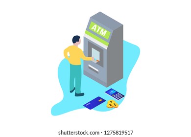 Man using ATM. isometric flat style vector illustration isolated on white background. - Vector