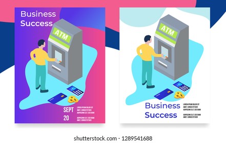 man using atm machine flyer, poster template. colorful vector illustration - Vector