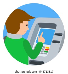 Man using ATM machine. Vector illustration of people round icone isolated white background.