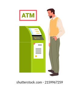 Mann, der Geldautomat verwendet, um Bargeld zu bezahlen oder abzuheben Vektorgrafik. Cartoon junge männliche Figur mit Bart und ungezwungene Kleidung, die nahe der automatischen Maschine warten, Blick auf den Monitor einzeln auf Weiß