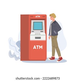 man using ATM to pay or withdraw cash money. man waiting near automatic machine, looking on monitor. Vector illustration