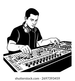 Homem usando áudio misturando console com fones de ouvido