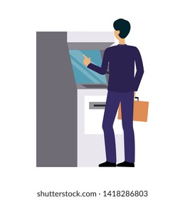 Man using bank ATM machine, businessman making cash money withdrawal or credit card transaction, business and finance technology user, isolated flat vector illustration on white background