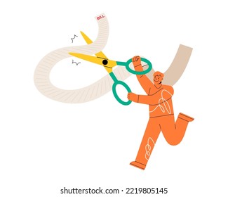 Man using big scissors to cut pile of bills and expense. Limit spending or control cash flow concept. Colorful vector illustration
