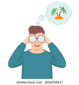 Hombre usando binoculares, soñando con isla tropical,