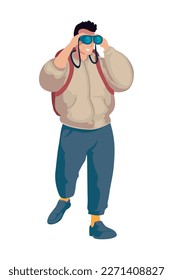 man using binoculars over white