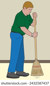 A man is using a broom to sweep some debris off of the floor