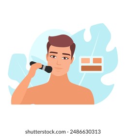 Hombre que usa el cepillo para aplicar el corrector de crema, resaltador de la Ilustración vectorial de la paleta