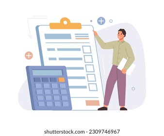 Man using calculator and calculate bills, flat cartoon. Vector tax form and paper invoice documents, vector illustration. Male hold big financial form with tips, payment receipt