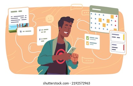 Man using calendar, messenger, social media applications on mobile cell phone. Smiling person texting messages in chat apps on smartphone. Communication technology concept flat vector illustration