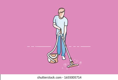 Man Using Canister Vacuum Cleaner