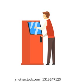 Man Using Cash ATM, Man Getting Money Through Cash Dispenser Vector Illustration