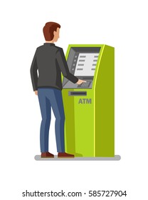 Man Using Cash Atm Machine Vector Illustration