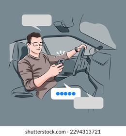 Hombre usando mensajes de texto de teléfono móvil mientras conduce. El concepto arriesgado e imprudente del conductor, el accidente de un teléfono inteligente distrae al coche conductor.