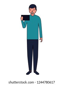 man using cellphone device white background