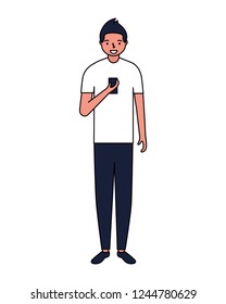man using cellphone device white background
