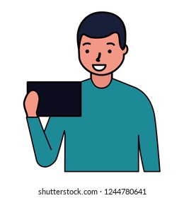 man using cellphone device white background