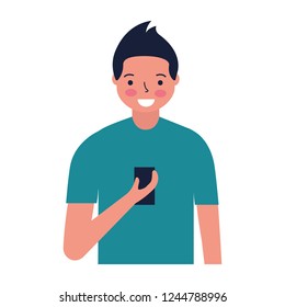 man using cellphone device white background