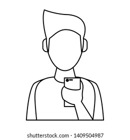 man using cellphone icon cartoon vector illustration graphic design black and white