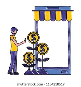 man using cellphone with plants coins money buy online