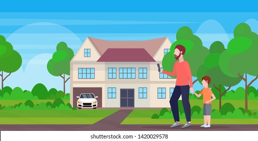 man using cellphone while walking outdoor with little child son want attention from father smartphone addiction concept cottage house landscape background flat full length horizontal