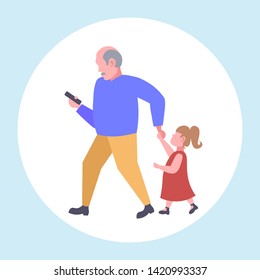 man using cellphone while walking with little child daughter want attention from father smartphone addiction concept flat full length