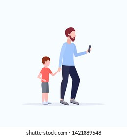 man using cellphone while walking with little child son want attention from father smartphone addiction concept flat full length white background