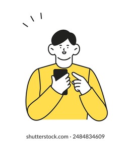 man using a cellular phone Illustration of positive facial expression