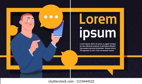 man using chat bubbles send message , boy hold phone, support virtual assistance of website or mobile applications, chat messenger concept flat Vector Illustration