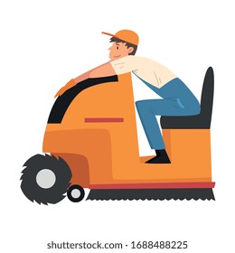 Man Using Cleaning Machine for Washing and Polishing the Floor, Professional Male Worker Character Dressed in Blue Overalls, Rubber Gloves and Cap, Cleaning Company Staff Vector Illustration