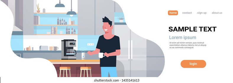 man using coffee machine controlled by smart speaker voice recognition concept modern kitchen interior flat horizontal portrait copy space